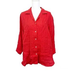 Lauren Ralph Lauren Womens Size 1X Linen Button Up Blouse Monogram Solid Red